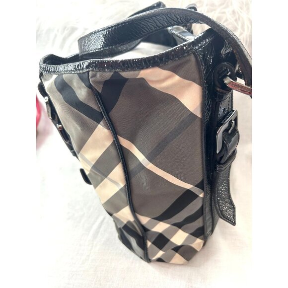 Burberry Lowry Neat Nova Check Nylon & Patent Leather Tote Bag, Black Straps & B - Picture 14 of 16